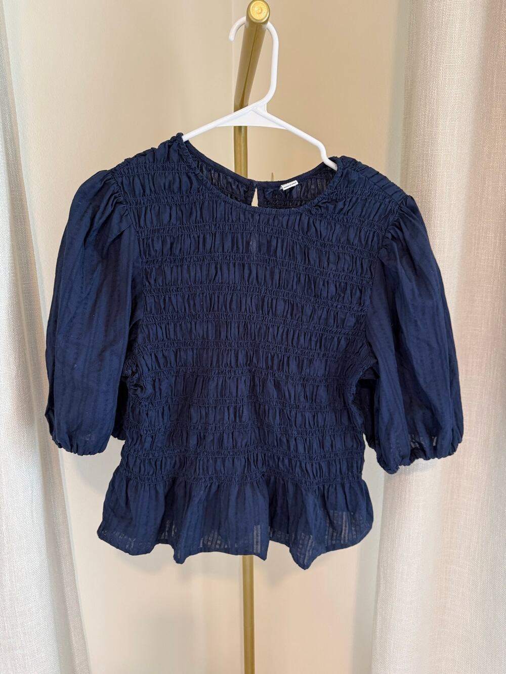 Old Navy Peplum Top Womens Large Navy Smocked Bodice Ruffle Hem Puff Sleeve